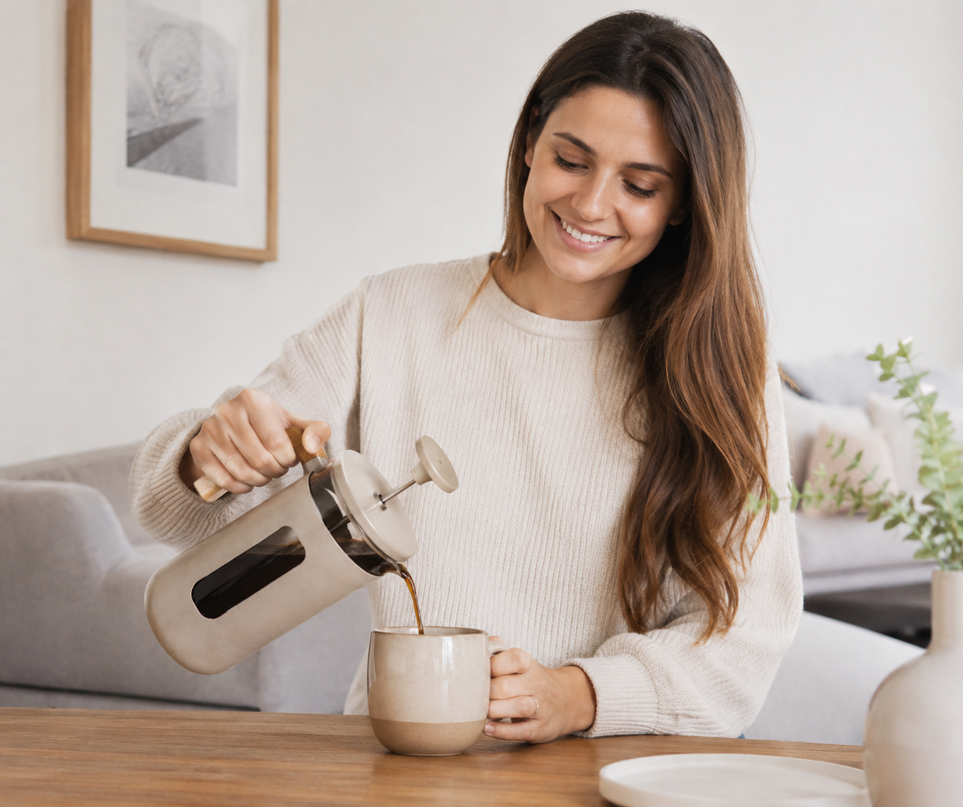 French Press aus Edelstahl mit elegantem Holzgriff